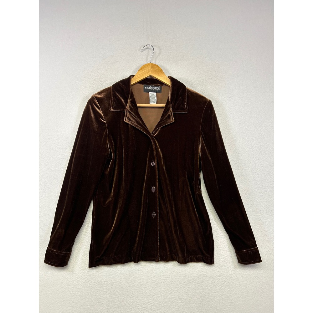 Whimsigoth Sag Harbor Women Small Petite Brown Velvet Button Up Blouse Academia